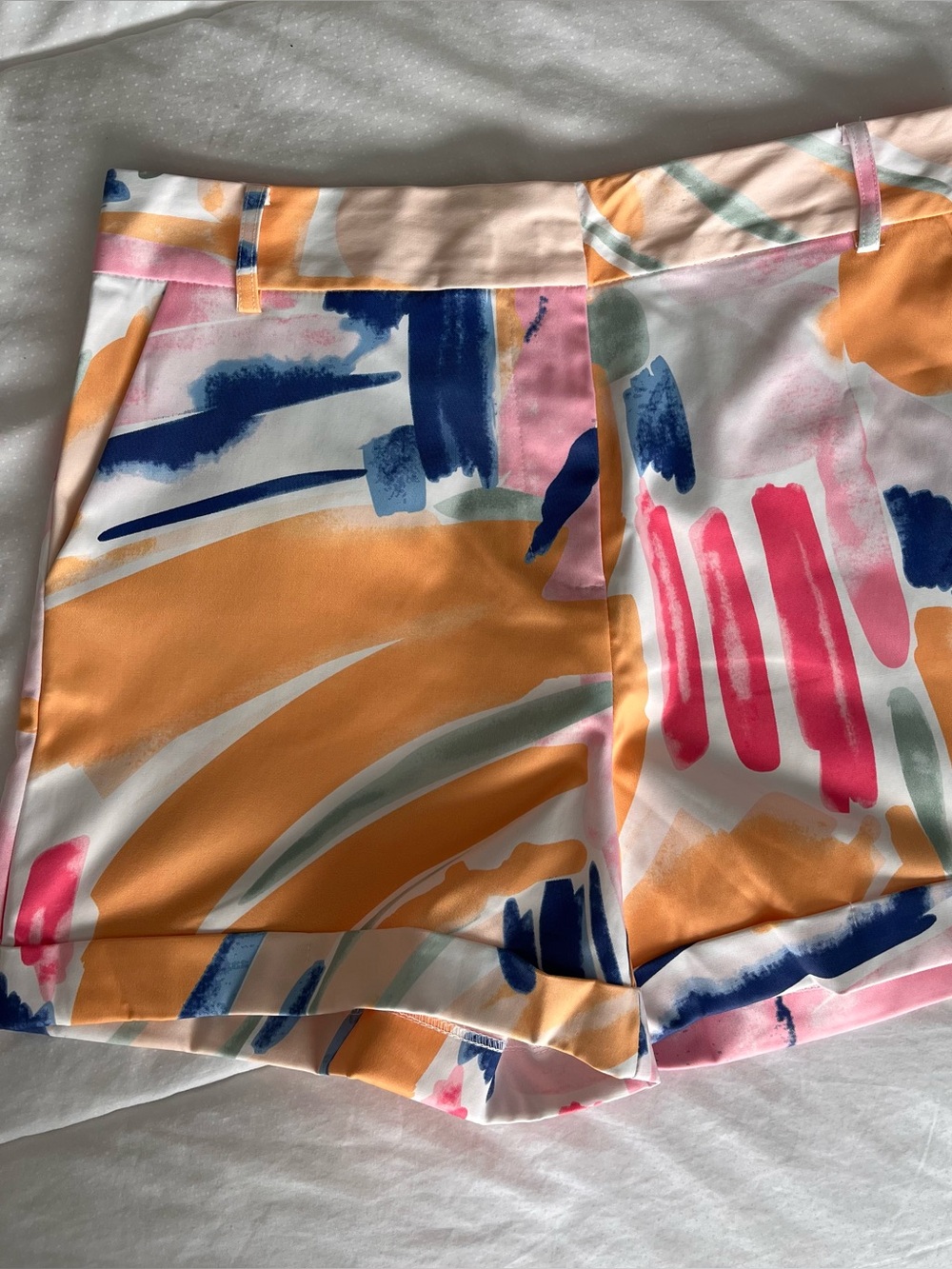 Ovi High-Waist Abstract Print Shorts — Peach, Navy & Pink Accents